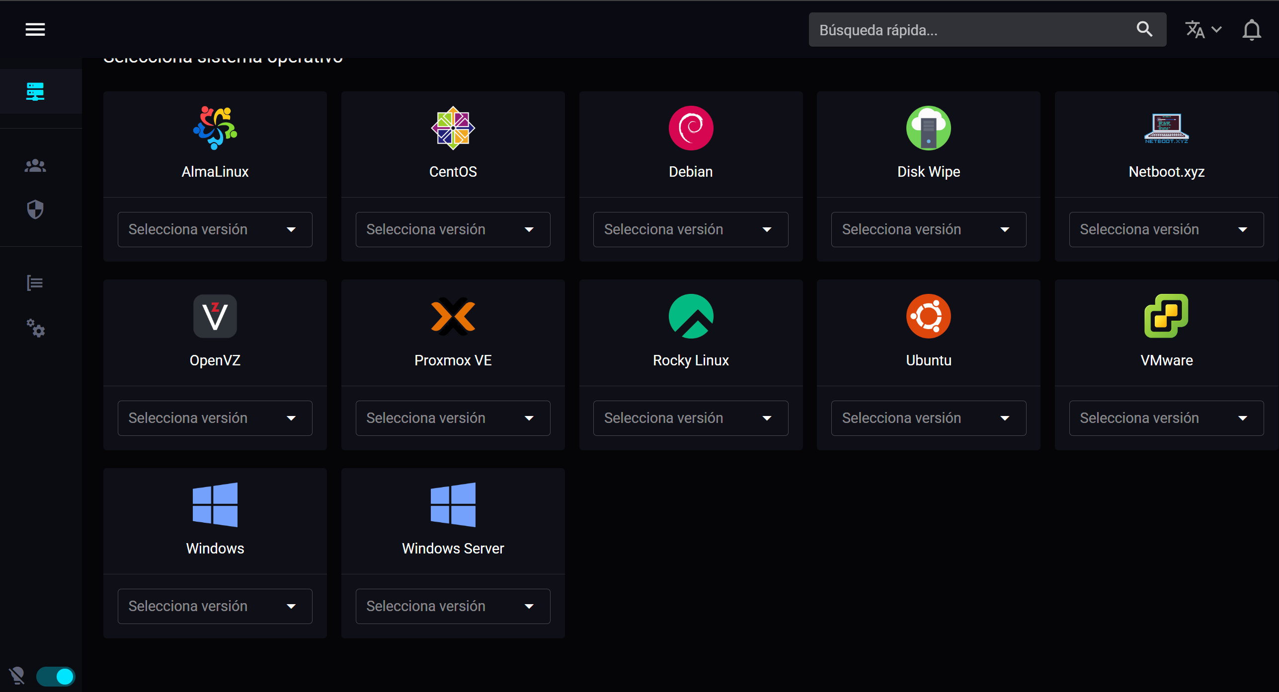 Panel de reinstalación de OS con 12 sistemas operativos disponibles